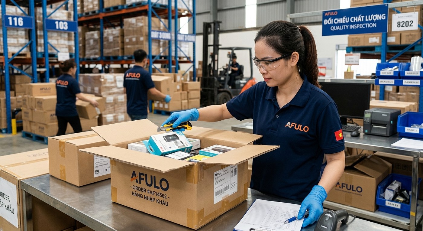 Nhân viên AFULO đối chiếu chất lượng hàng nhập tại bàn kiểm hàng đầu vào trong kho fulfillment