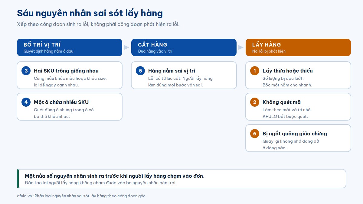 Sơ đồ sáu nguyên nhân sai sót lấy hàng trong kho, chia theo ba công đoạn bố trí vị trí, cất hàng và lấy hàng