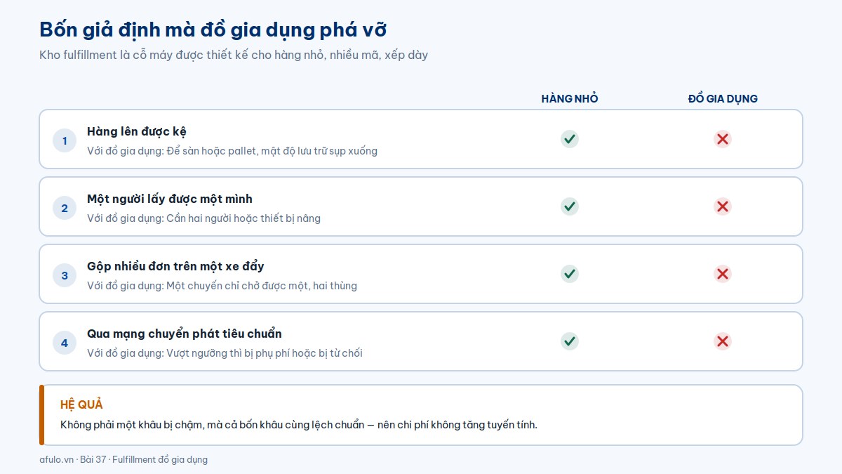 Sơ đồ bốn giả định của kho fulfillment mà đồ gia dụng phá vỡ: lên kệ, một người lấy, gộp đơn trên xe đẩy, qua mạng chuyển phát tiêu chuẩn
