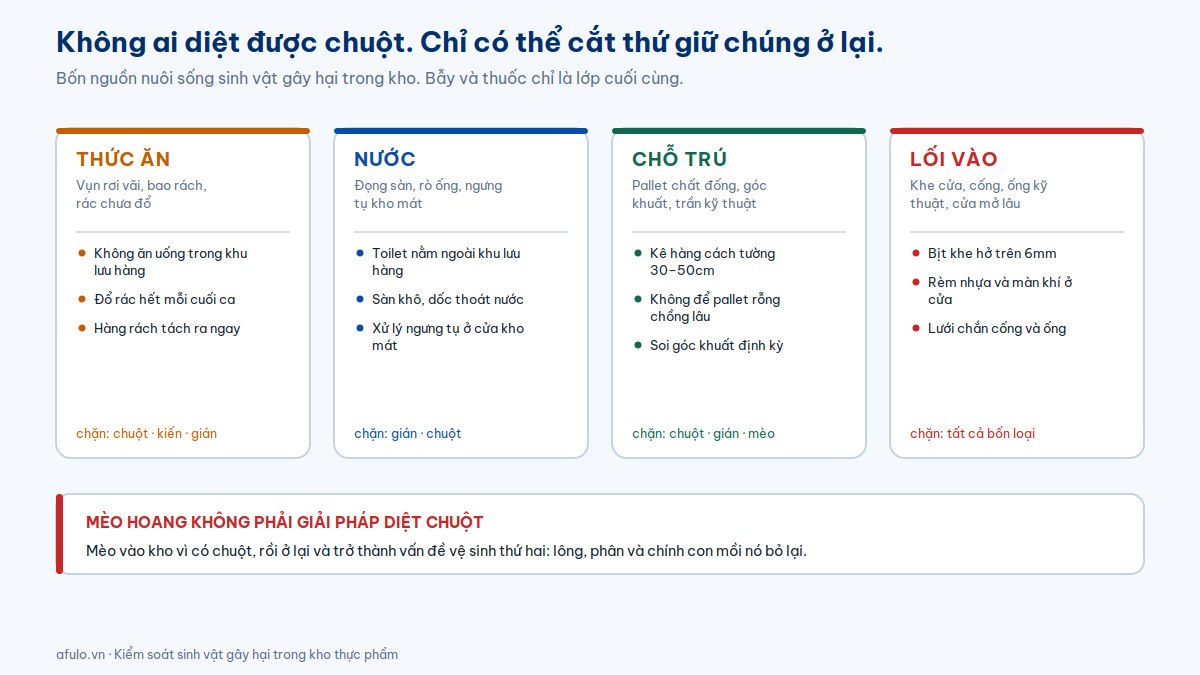 Sơ đồ bốn nguồn nuôi sống sinh vật gây hại trong kho thực phẩm: thức ăn, nước, chỗ trú và lối vào, kèm biện pháp cắt từng nguồn