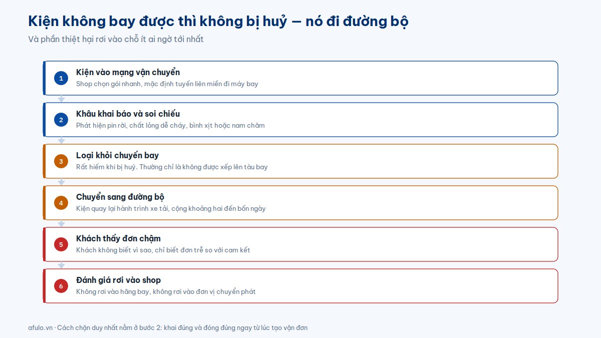 Sơ đồ sáu bước cho thấy kiện hàng bị loại khỏi chuyến bay sẽ chuyển sang đường bộ, cộng hai đến bốn ngày, và đánh giá rơi vào shop